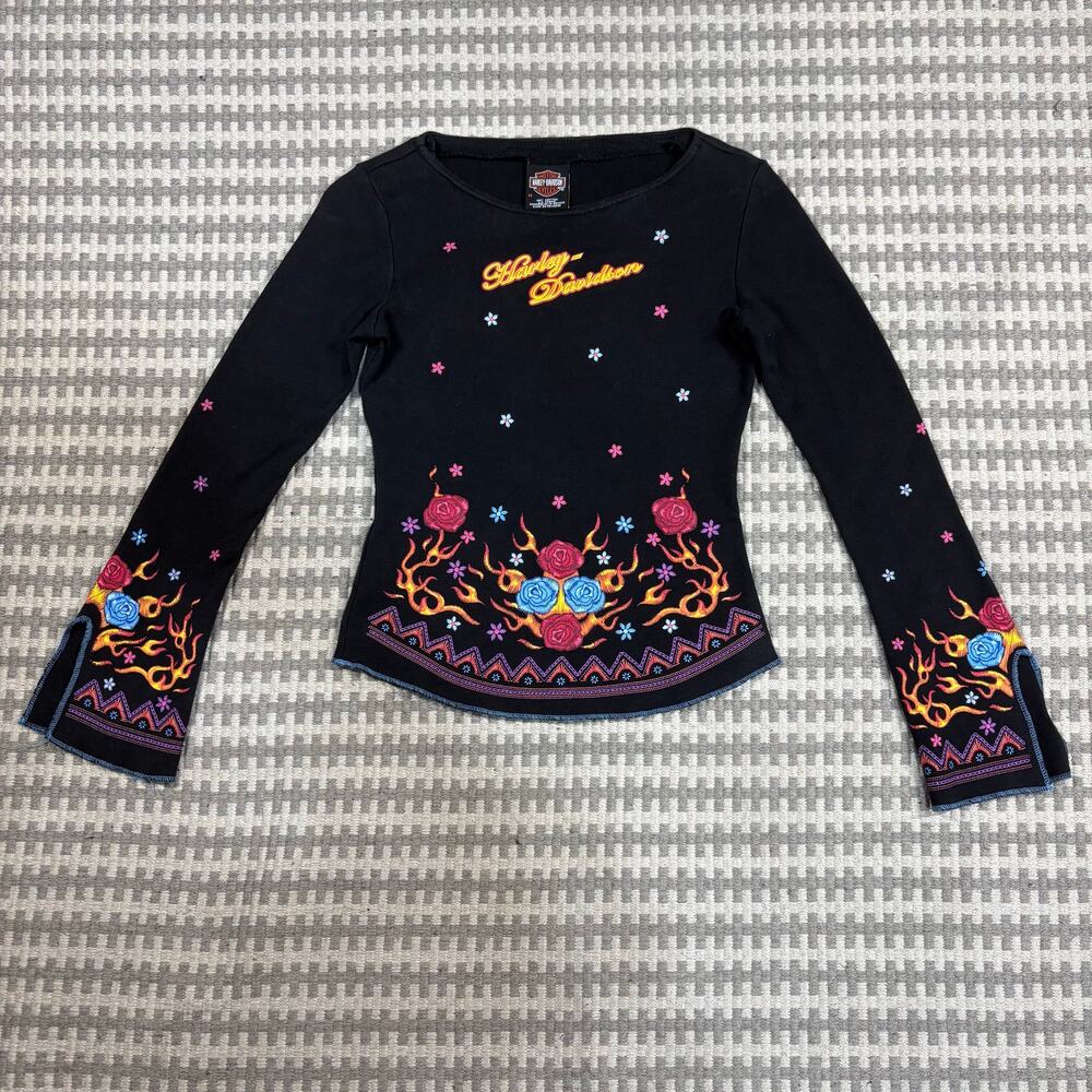 Vintage Y2K Harley-Davidson Las Vegas Rose and Flames Bell Sleeve Top Sz M
